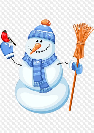 Festive Snowman with Bird and Broom - Winter Holiday Clipart