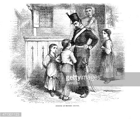 19th-century engraving showing a soldier in uniform interacting with children outside a wooden building, possibly a school or post office.