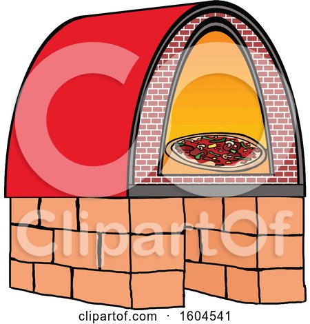 Brick pizza oven with glowing interior and freshly baked pizza inside, red dome cover.