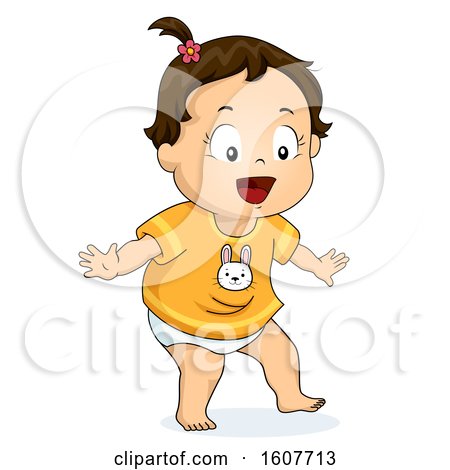 Cheerful cartoon toddler girl with brown hair in a ponytail, wearing a yellow bunny shirt and diaper, arms outstretched joyfully.