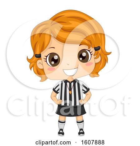 Cheerful cartoon female soccer referee with orange hair, striped shirt, and whistle.