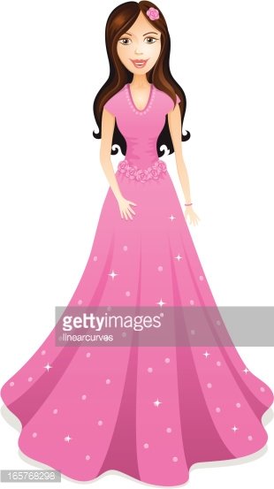 A smiling cartoon woman in a sparkling pink ball gown with floral waistband and flower in hair.