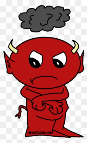 Red cartoon devil with horns, tail, and angry expression, arms crossed under a dark cloud.