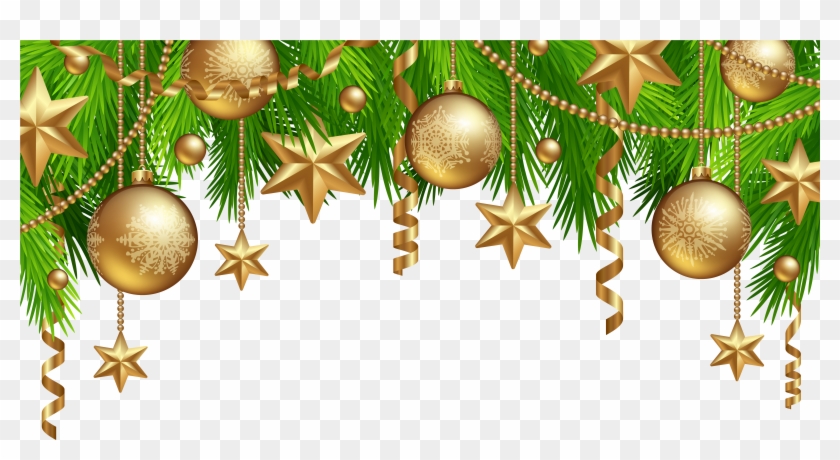 Golden Christmas ornaments, stars, and pine branches on transparent background for festive design.
