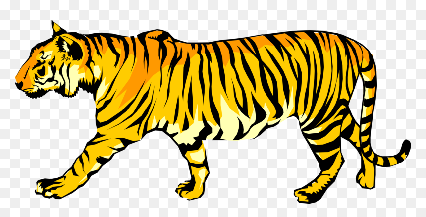 Stylized orange and black striped tiger walking left on transparent background.