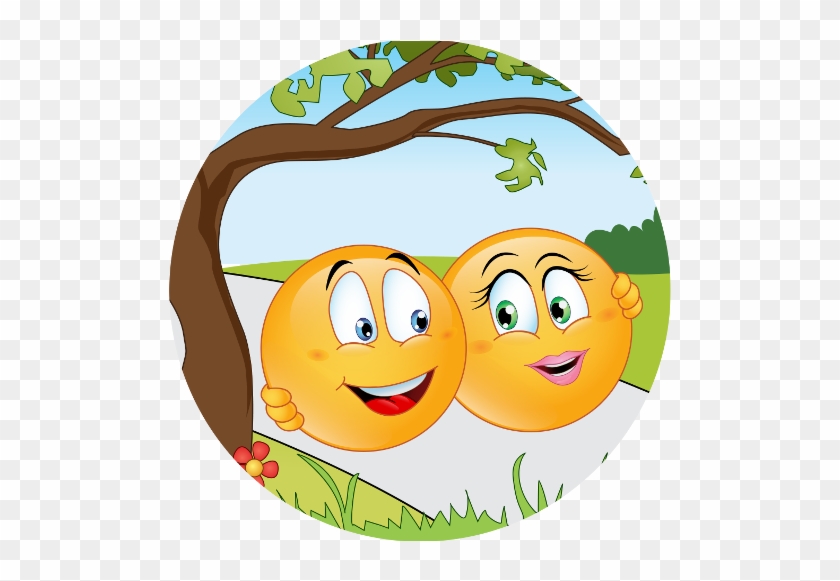 Two cheerful orange emoji faces smiling under a tree branch in a sunny park scene.