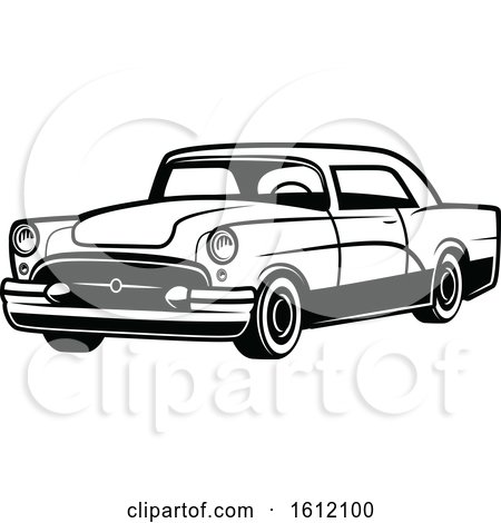 Black and white vector illustration of a classic 1950s American two-door sedan with chrome details and tailfins.