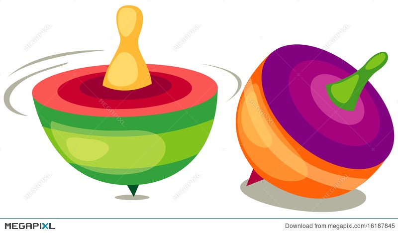 Two colorful spinning tops in motion-one green/red with yellow stem, one orange/purple with green stem-illustrated on white background.