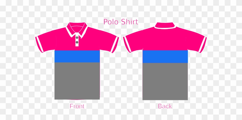 Front and back views of a color-blocked pink, blue, and gray polo shirt design.