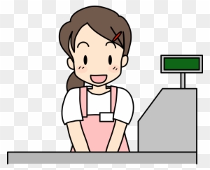 Smiling female cashier in pink apron standing behind a checkout counter with digital display.