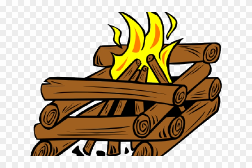 A cartoon-style campfire with bright yellow flames burning among stacked wooden logs.