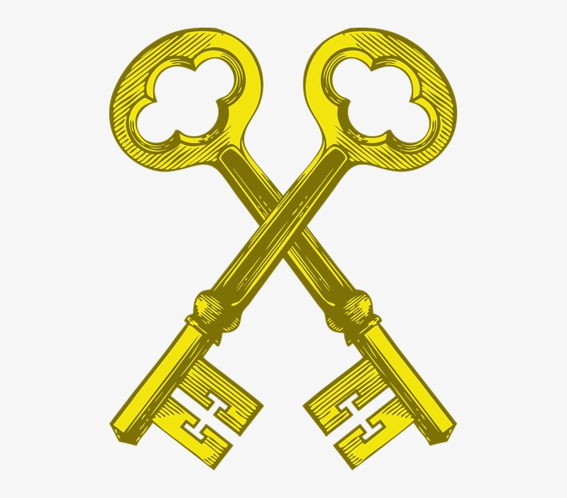 Two ornate golden keys crossed in an X, featuring clover-shaped bows and intricate bit patterns.