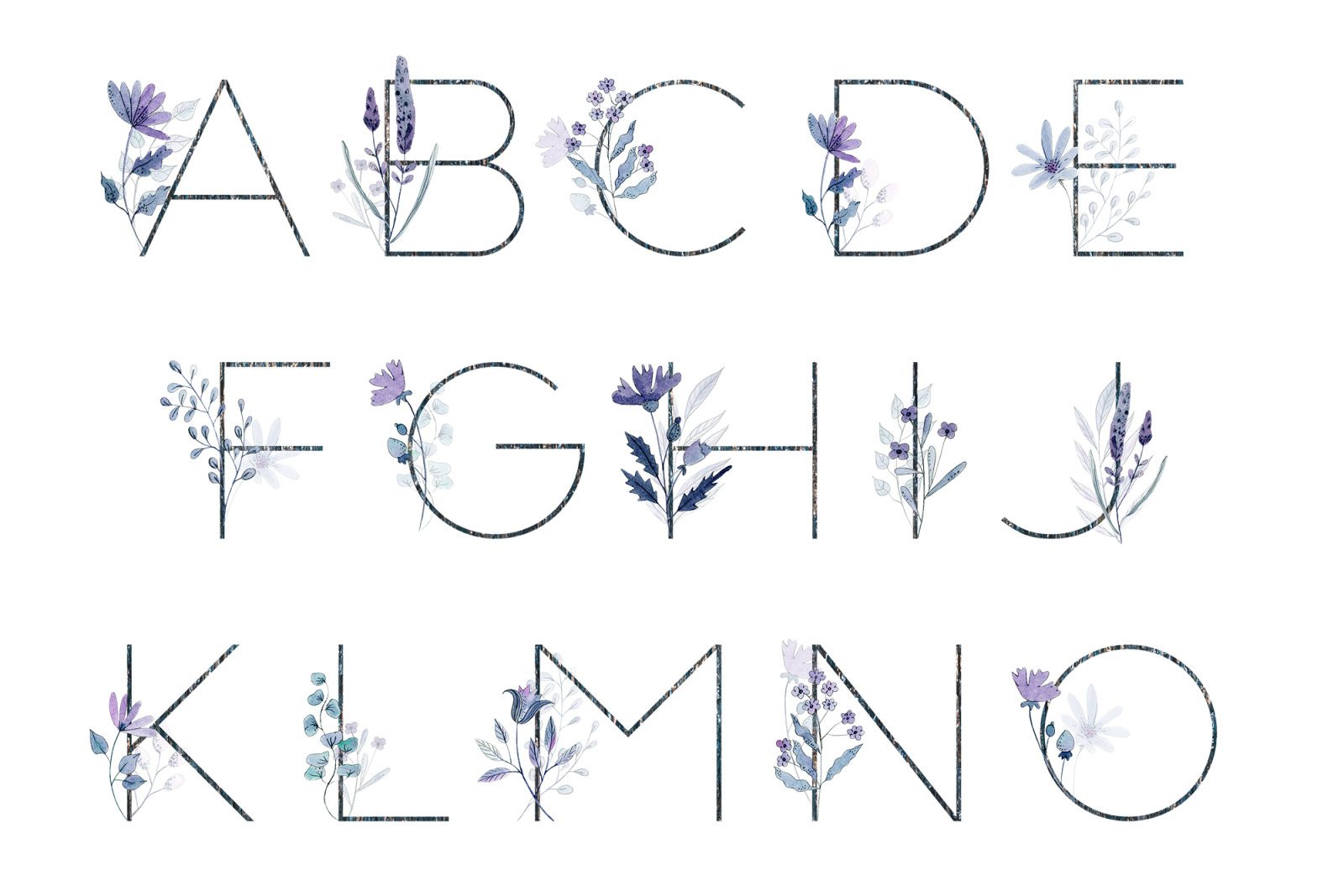 Floral alphabet letters A-O with watercolor purple and blue botanical illustrations integrated into serif-style typography.