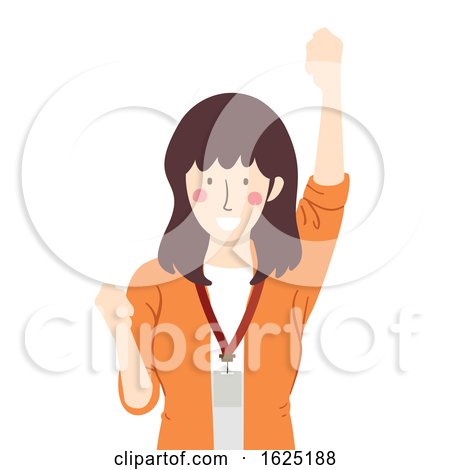 Smiling woman in orange shirt raising fist in celebration, wearing lanyard with ID badge.