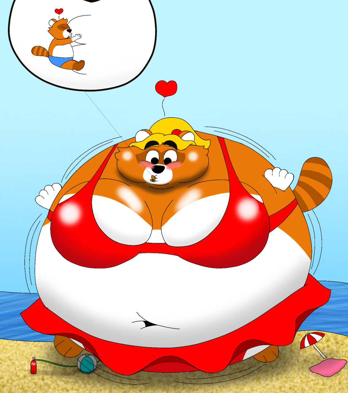 A cartoon red panda in a red bikini, inflated like a balloon on a beach, daydreaming of a smaller version of itself with hearts.