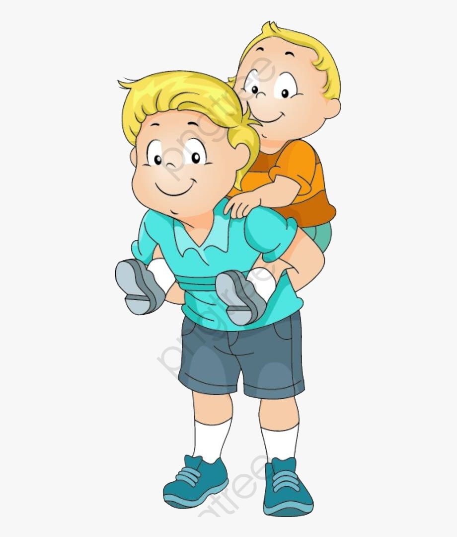 A smiling boy gives a piggyback ride to a younger child; both have blond hair and wear colorful casual clothes.