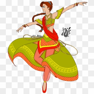 Animated illustration of a woman performing classical Indian dance in vibrant green and red attire with flowing dupatta and jewelry.