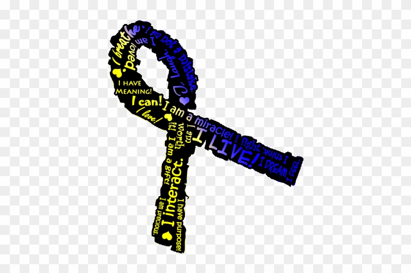 Blue and black awareness ribbon filled with empowering affirmations like "I live!", "I am a miracle", and "I have purpose".