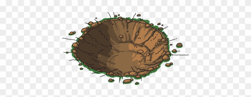 Illustrated cross-section of a freshly dug crater-like hole in soil, surrounded by grass and displaced earth.