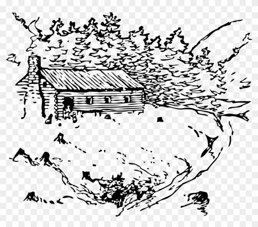 Black-and-white sketch of a rustic log cabin with stone chimney nestled among pine trees on a snowy hillside.