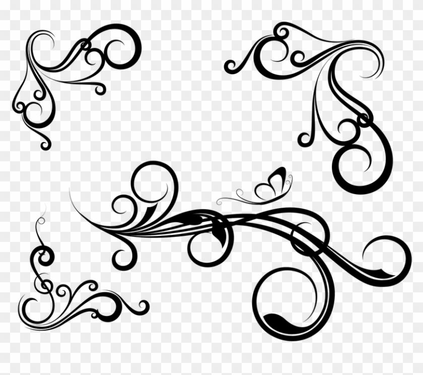 Black ornamental flourish vector designs on transparent background, including swirls, scrolls, and a butterfly motif.