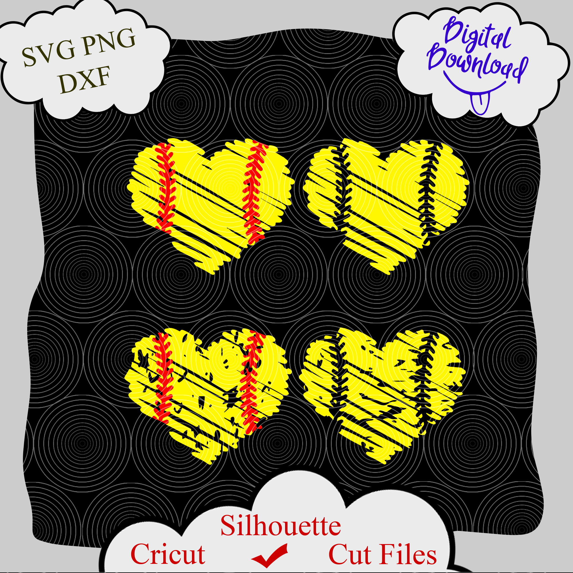 Four yellow heart-shaped softball designs with red stitching, on black spiral background; SVG/PNG/DXF digital cut files for Cricut.