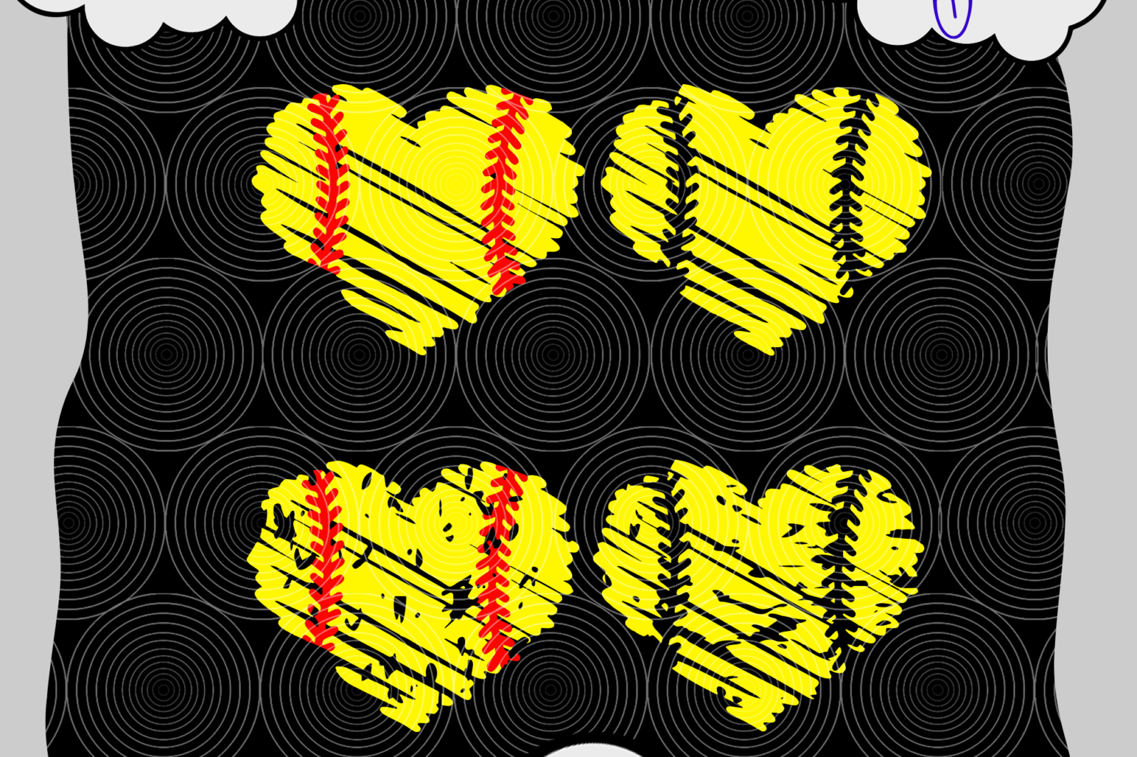 Four yellow heart-shaped softballs with red stitching on a black concentric-circle background.