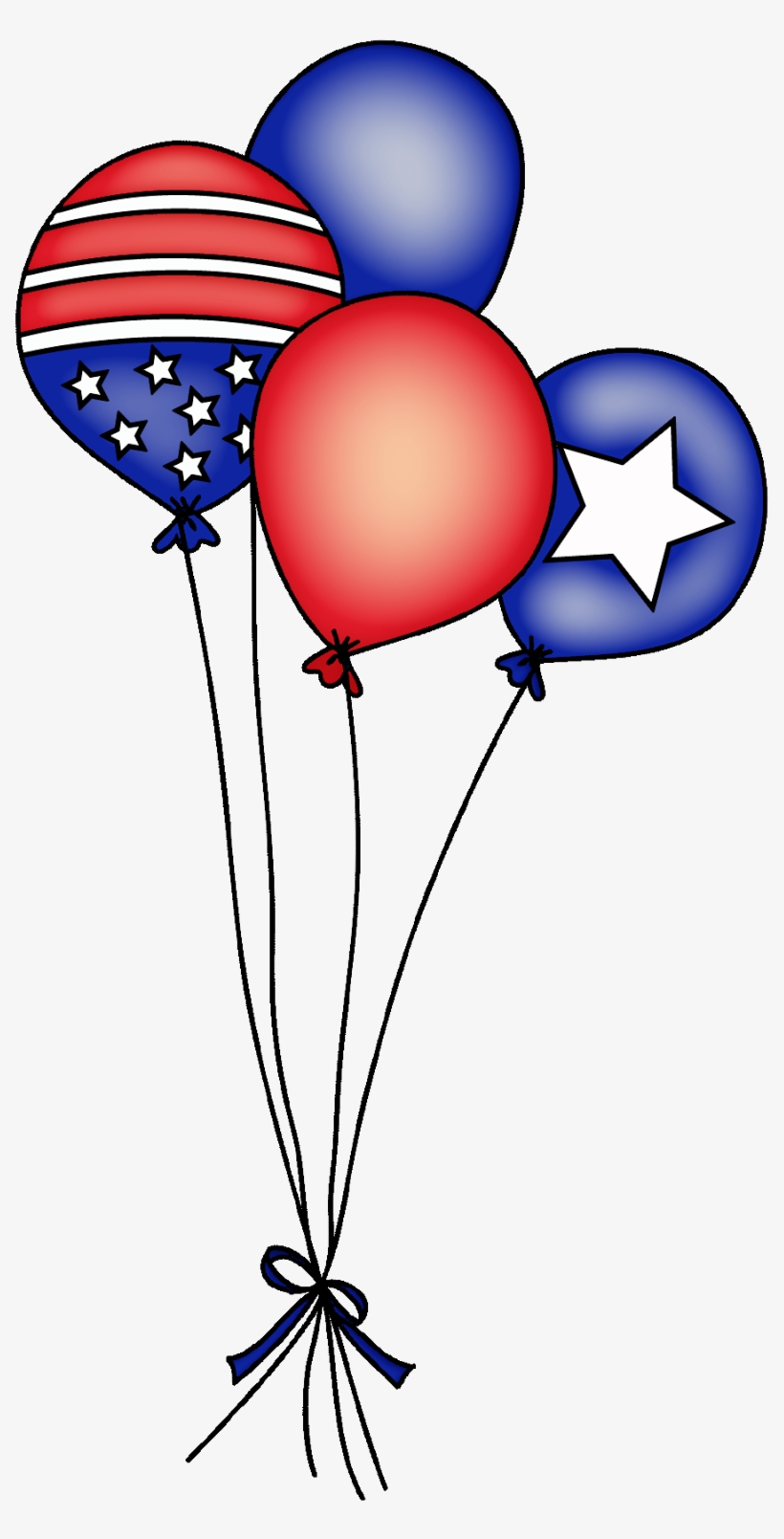 Patriotic red, white, and blue balloons with stars and stripes, tied together with a blue ribbon.