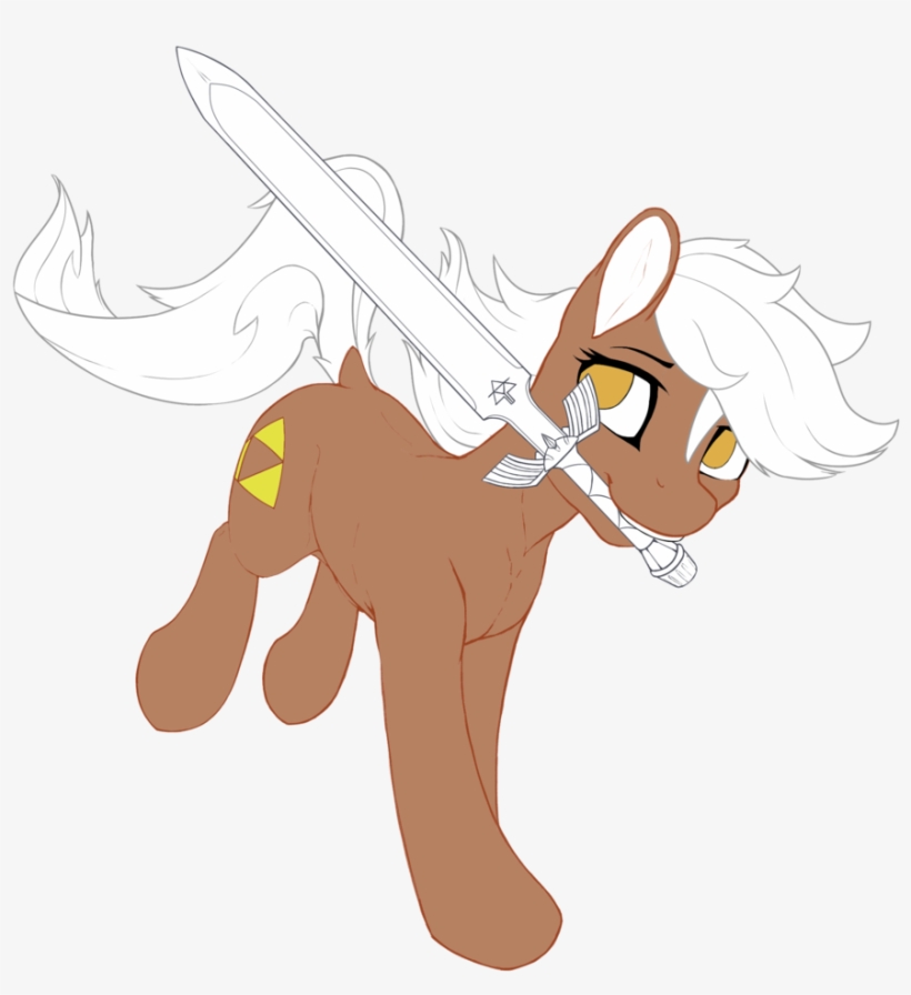 A brown pony with white mane and tail, wielding a large sword in its mouth, featuring a Triforce symbol on its flank.