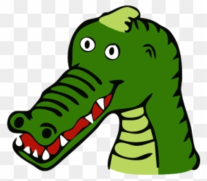 Friendly cartoon green crocodile with open mouth, red gums, and white teeth, smiling playfully.