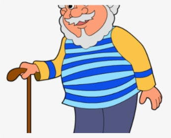 Cheerful elderly man with white beard, striped shirt, and wooden cane smiling warmly.