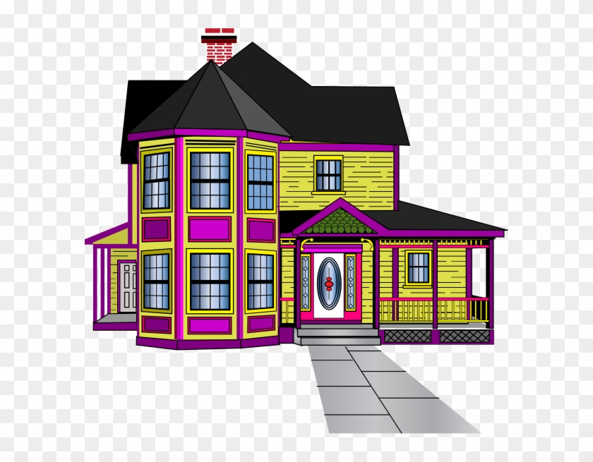 Colorful Victorian-style house with yellow siding, purple trim, black roof, and ornate front porch.