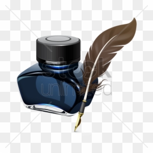 Blue ink bottle with black cap and quill pen on transparent background