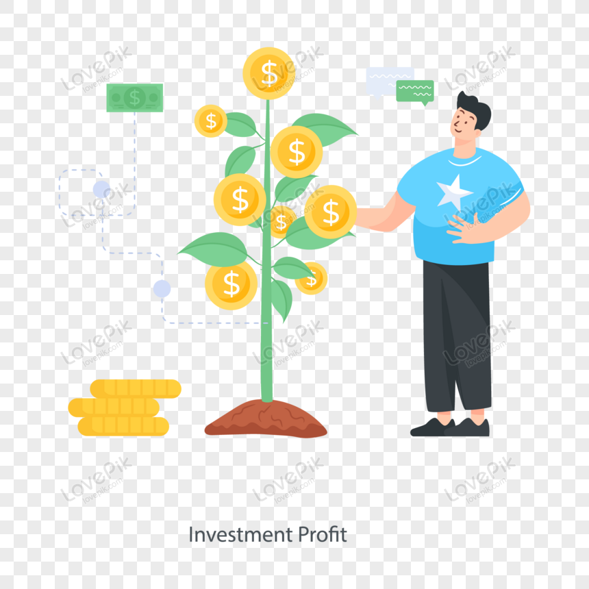 Man standing beside a money tree with coin fruits, symbolizing investment profit growth.