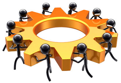 Black stick-figure people collaborating around a large golden gear, symbolizing teamwork and system integration.