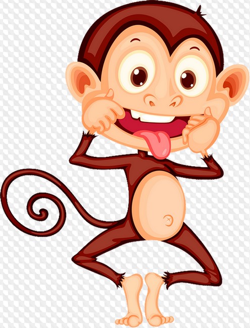Playful cartoon monkey sticking out tongue and pulling cheeks with big eyes and curly tail.