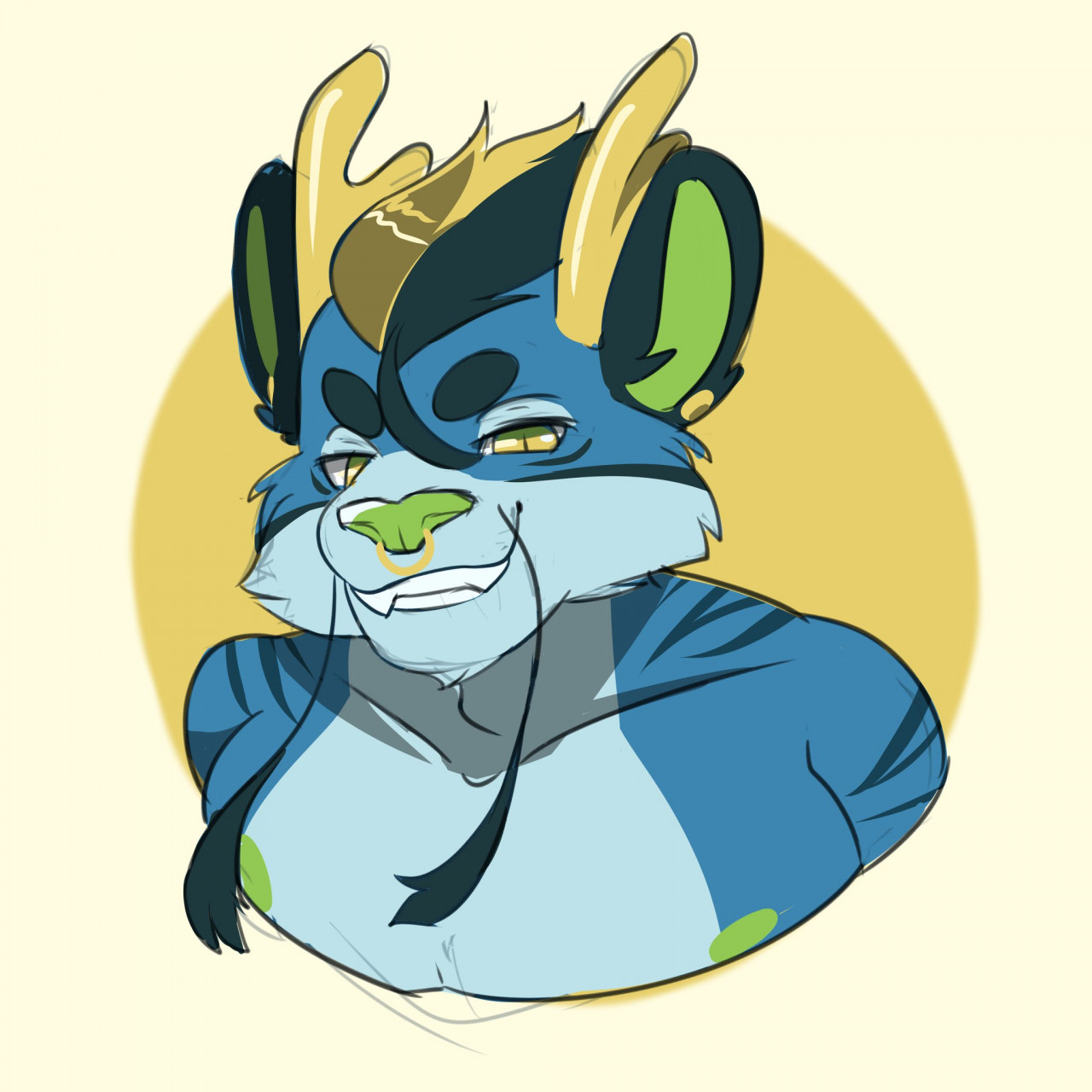 Mystical Blue Anthro Character with Antlers - Digital Art Portrait