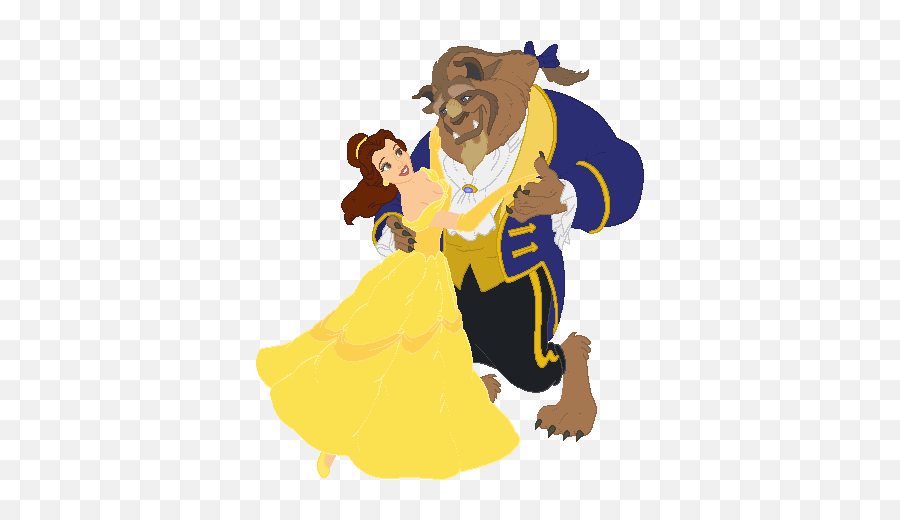 Belle in yellow gown dancing with the Beast in formal attire against transparent background.