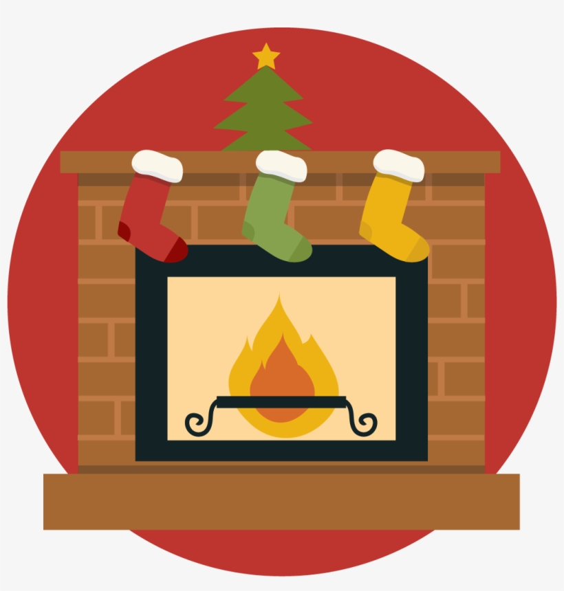 Festive fireplace with three hanging Christmas stockings, a small tree, and a warm fire.
