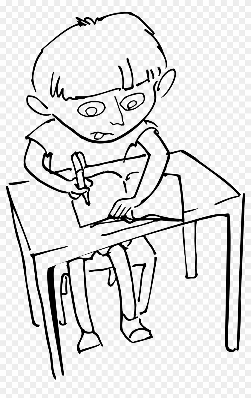 A cartoon-style line drawing of a focused child sitting at a desk, writing with a pen on paper.