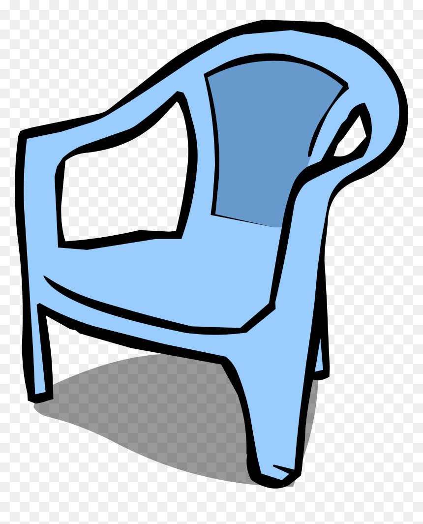 Light blue molded plastic armchair with cutout side panels and shadow on transparent background.