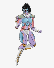 A stylized anime-inspired character in futuristic armor with pastel purple, blue, and pink tones, running dynamically.