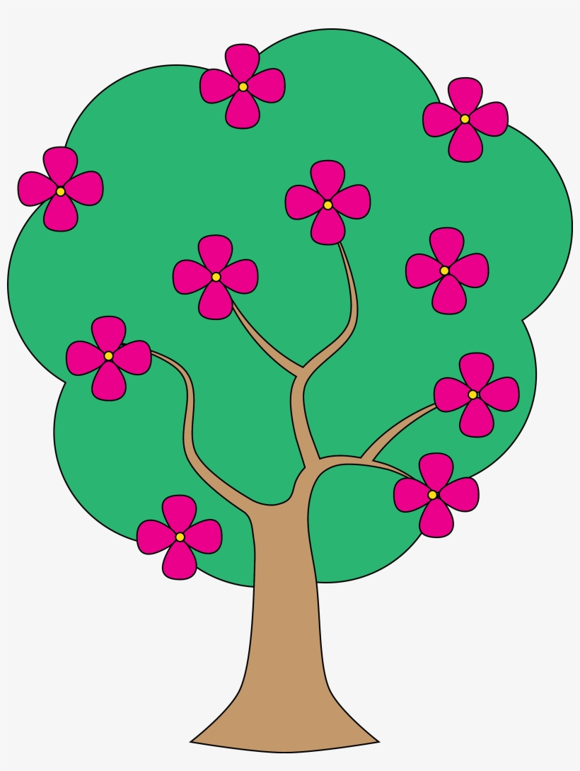 A cartoon-style green tree with pink five-petaled flowers and yellow centers, brown trunk and branches.
