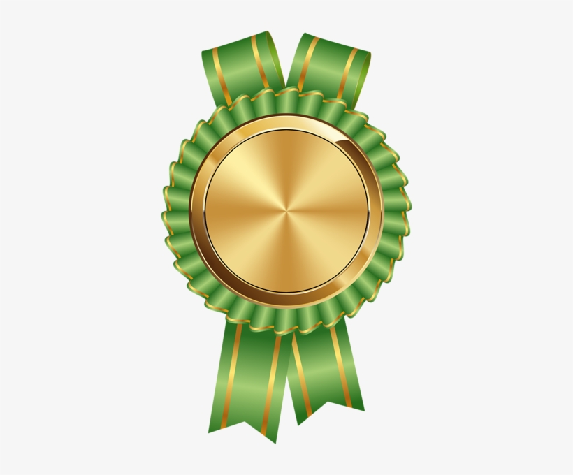 Green ribbon award with a shiny gold center medallion, symbolizing achievement or recognition.
