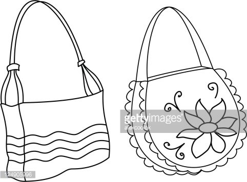 Two hand-drawn outline illustrations of decorative handbags-one with wavy stripes, the other with floral embroidery and scalloped edges.