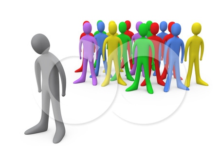 Gray figure facing a diverse group of colorful 3D human icons, symbolizing leadership or inclusion.