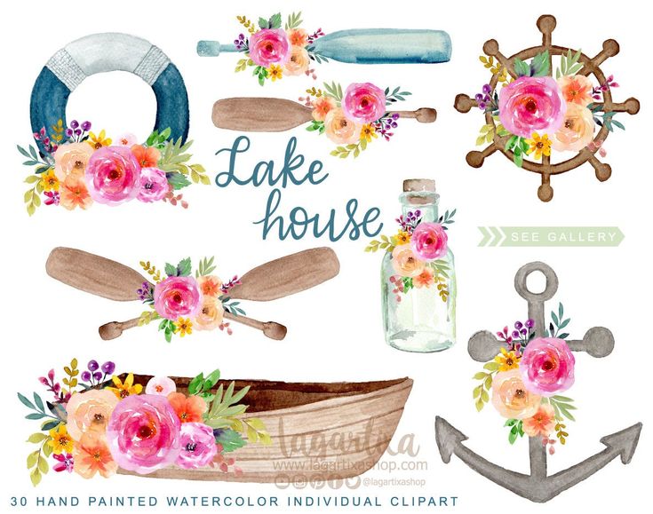 Hand-painted watercolor clipart set featuring lake house themes: life preserver, oars, boat, anchor, ship wheel, and floral arrangements.