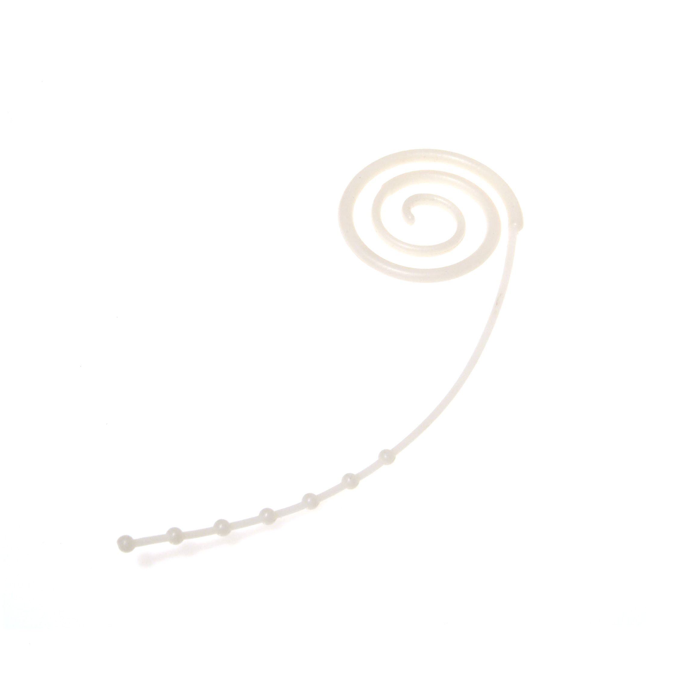 White plastic spiral shower curtain ring with ball-chain connector on white background.