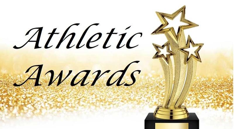 Golden athletic award trophy with star motifs on a glittering gold background, labeled "Athletic Awards".