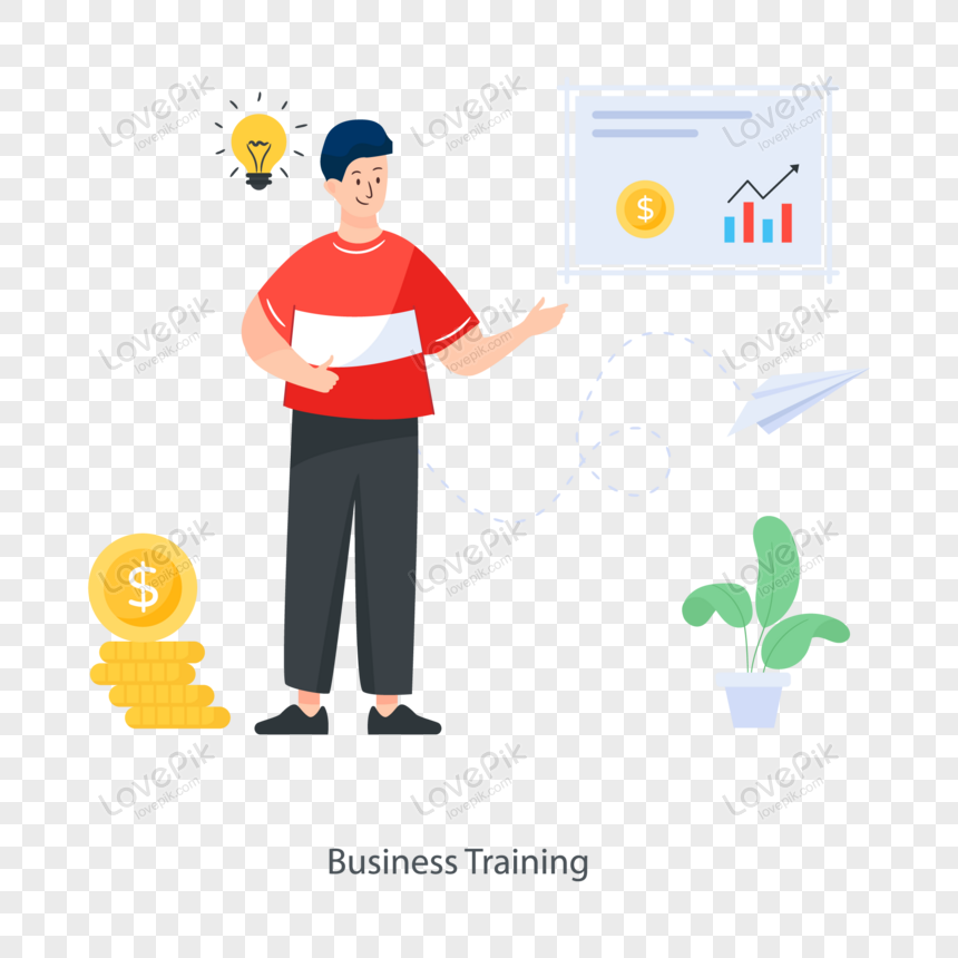 A cartoon man in a red shirt presenting business training concepts with charts, coins, a lightbulb, and a plant.